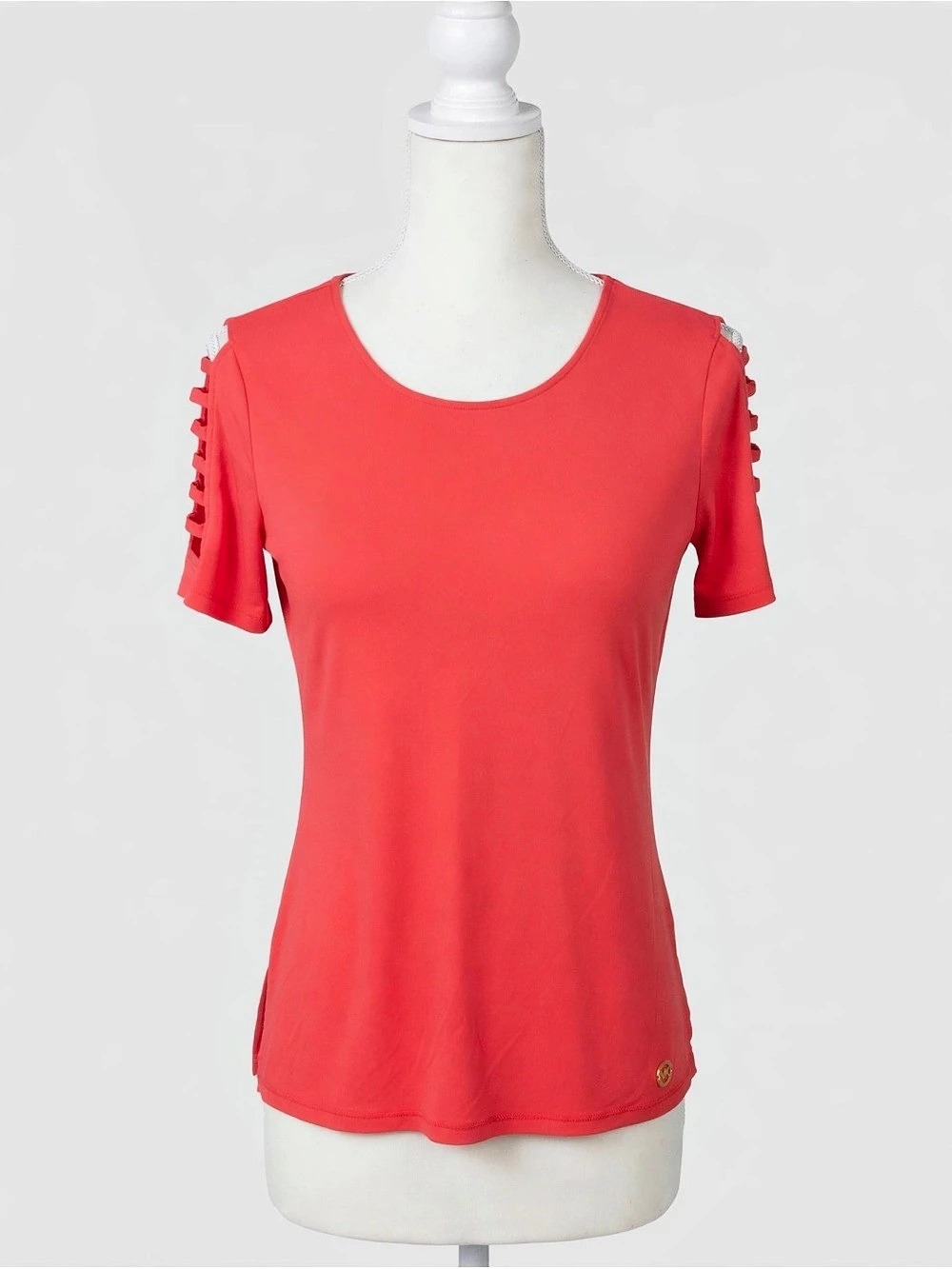 Michael Kors Cold Shoulder Short Sleeve Cutout Top Red